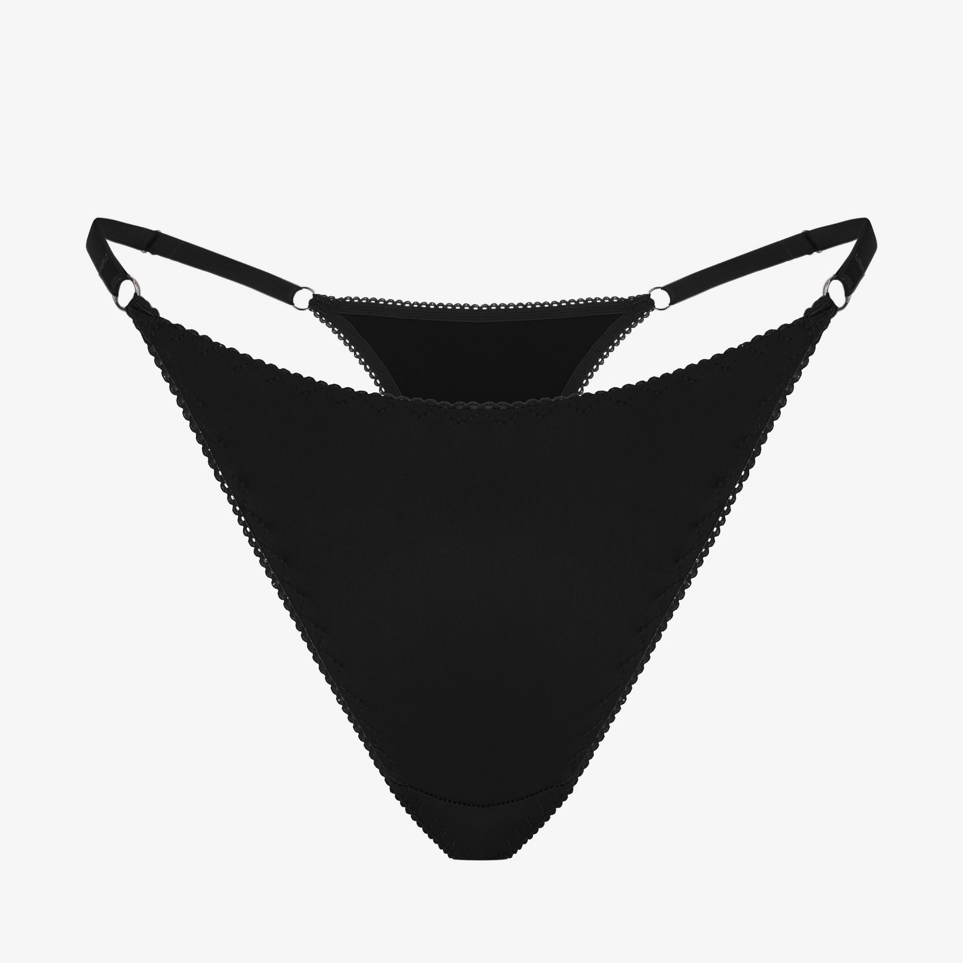 Black satin g-strings by Boga Lingerie - front view