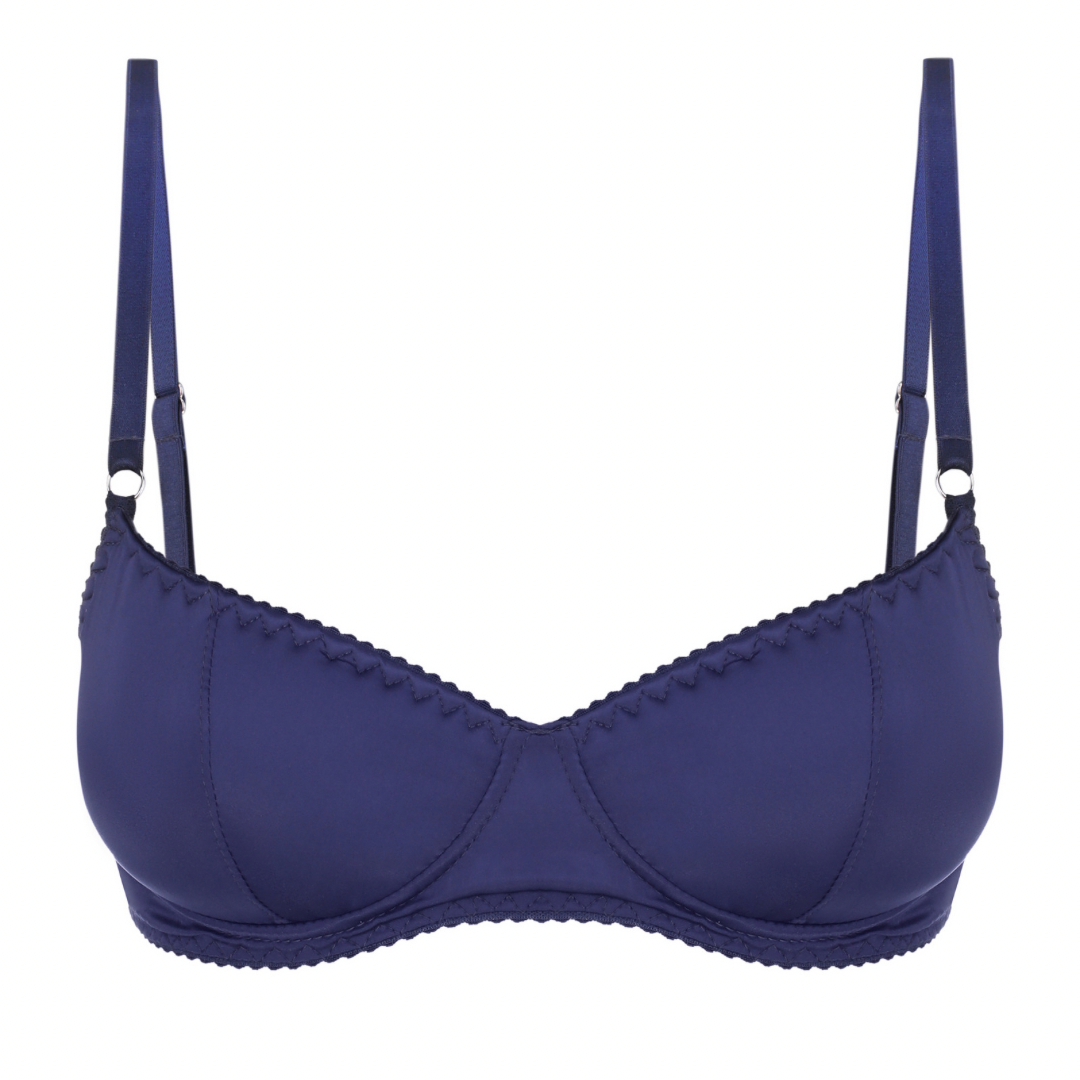 Close-up of the Satin Bra in Blue with foam cups showing the blue stretch satin details with matching panties