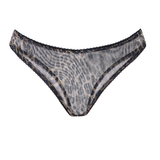 Close-up of Mesh Thongs Miranda Leo showing the leopard print stretch mesh