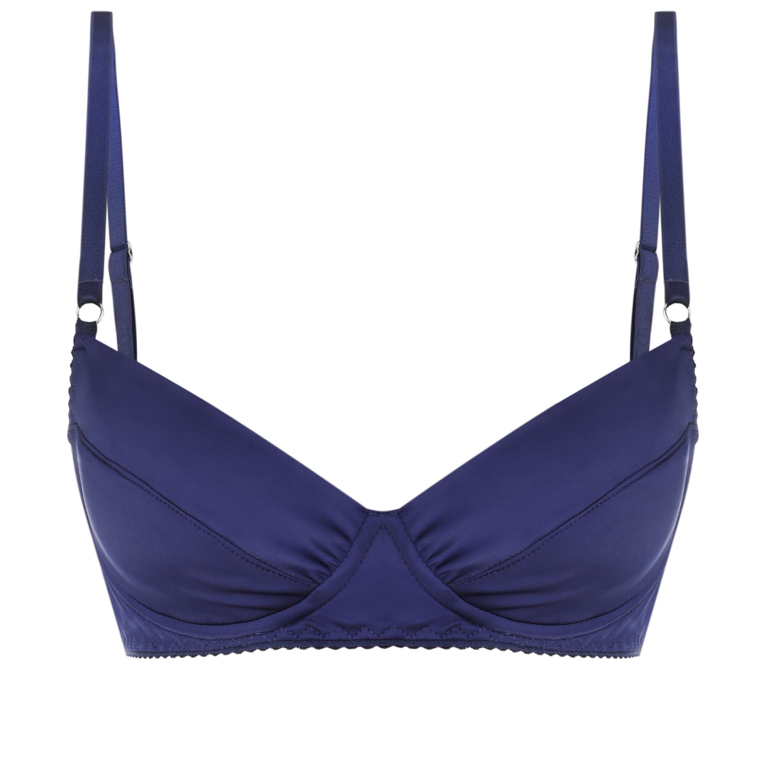 Close-up of the Satin Bra in Blue showing the blue stretch satin details with matching panties