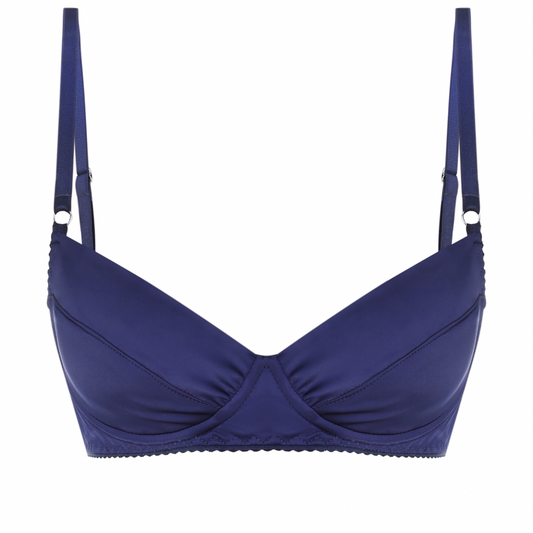 Close-up of the Satin Bra in Blue showing the blue stretch satin details with matching panties