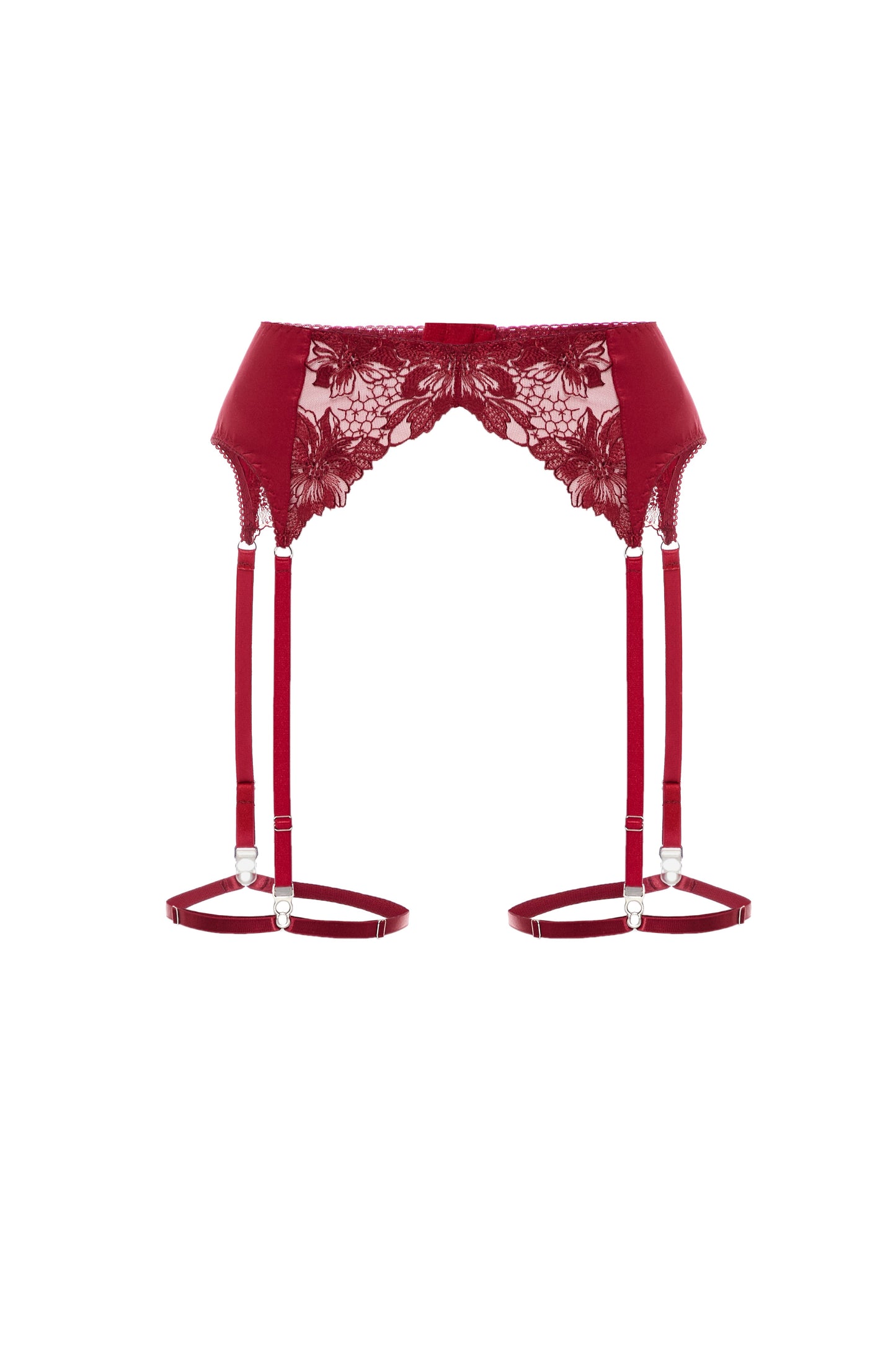 Close-up of Garterbelt Verona in Burgundy showing the satin and lace details