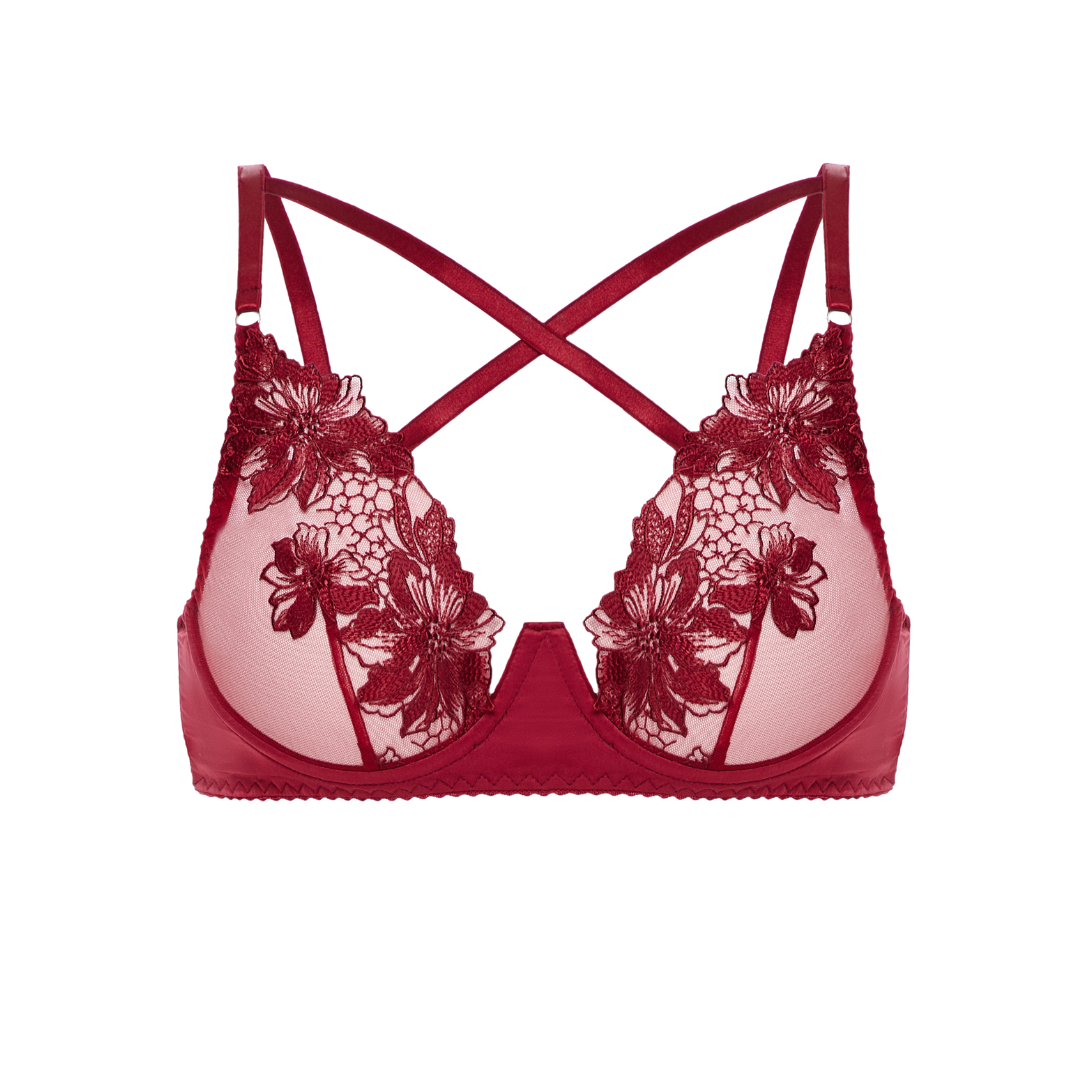 Close-up of the Bra Verona in Burgundy showing the stretch satin and lace details