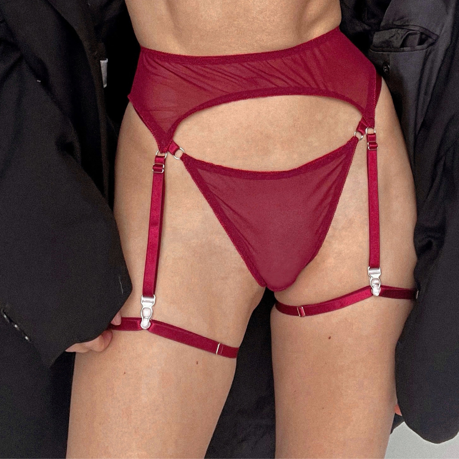 Close-up of Garters in Burgundy showing the elastic material and adjustable straps