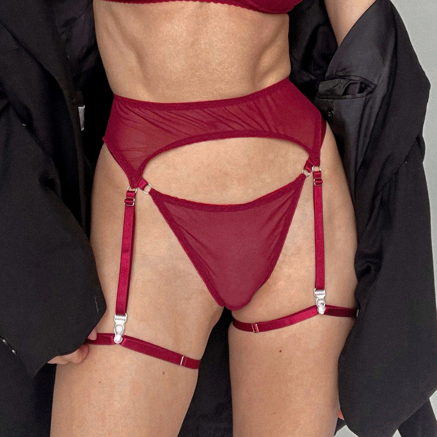 Close-up of Garterbelt Basic in Burgundy showing the stretch mesh fabric and stocking holders